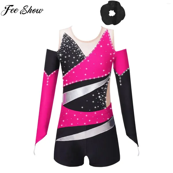 Conjuntos de ropa 6-16y para niños Ballet Ballet Gimnasia Gimnasia Leotard Disfraz de patinaje Diebre Mesh Bodysuit con pantalones cortos Banda para el cabello