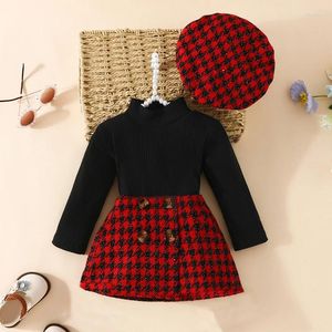 Ensembles de vêtements 6-36 mois Écouter la robe de filles de bébé pour l'automne ou l'hiver Couleur solide haut mille oiseaux Vérifier la moitié de la jupe avec béret