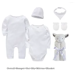 Kledingsets 6-delige set Baby Jongens Katoen Wit Blanco Mousseline Overall Romper Hoed Bib Wanten Deken Meisjeskleding Cadeau