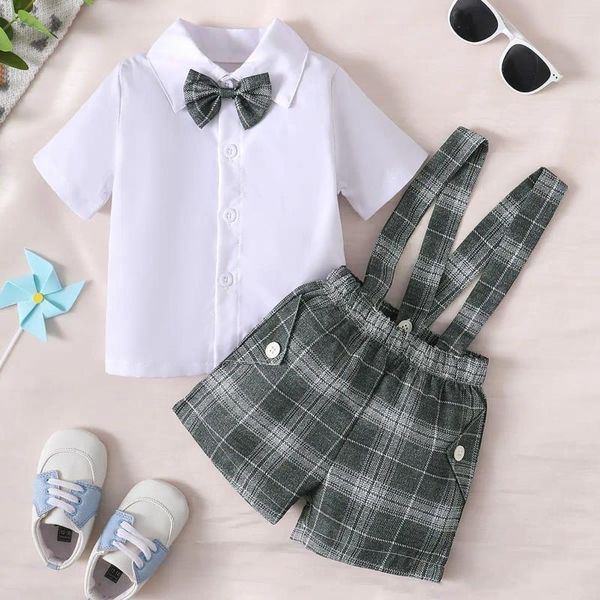 Conjuntos de ropa de 6 a 36 meses Baby Boys Summer White Lapel White Cardigan corbata de manga corta con tirantes a cuadros