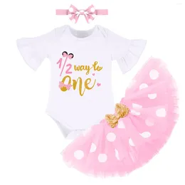 Conjuntos de ropa 6M Baby Girls Vestido para fiesta de cumpleaños Manga corta acampanada Impresión de letras Bowknot Decoración 3pcs Trajes Cake Smash Po Shoot