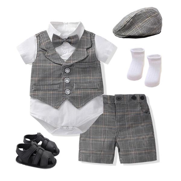 Ensembles de vêtements 6 pièces/ensemble bébé garçon coton Plaid barboteuse Shorts casquette chaussettes chaussures noeud papillon infantile né garçons vêtements tenues vêtements