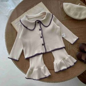 Ensembles de vêtements 7467 Ensemble de vêtements pour bébé 2023 automne infantile coquille tricoté costume fendu contraste Cardigan + bas de cloche décontracté filles deux pièces costume