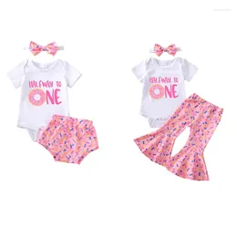 Kledingsets 9-18m geboren baby meisje kleren set zoete donut print brief een romper flare broek verjaardag outfit kostuums