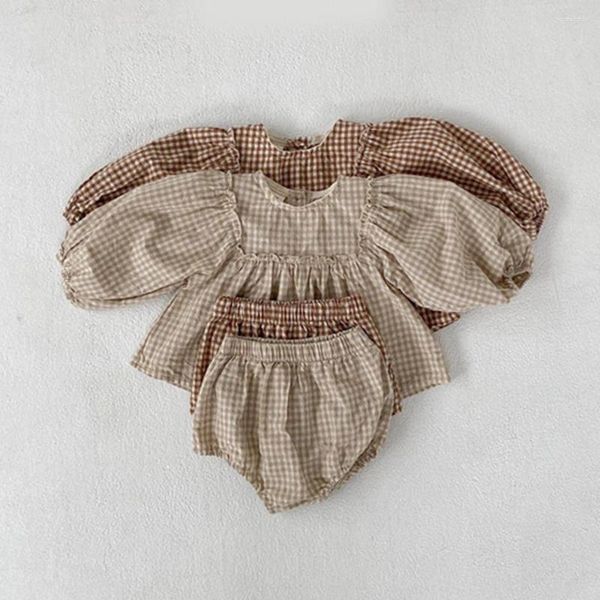 Ensembles de vêtements adorable manches bouffantes Plaid infantile bébé filles costume vêtements coréens tenues né enfant en bas âge chemisiers chemises shorts costume