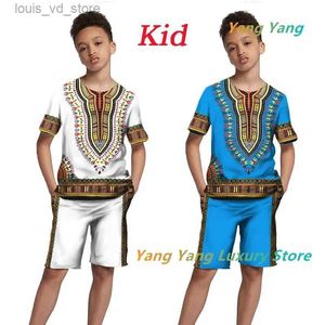 Kledingsets African Print Tracksuit Men/Kids Fashion T-shirts passen casual shorts/vintage topsport en vrijetijdszomerkledingset T240415