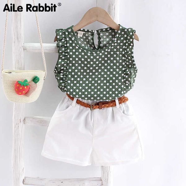 Conjuntos de ropa AiLe Rabbit Ropa de verano para niñas Trajes Moda Floral Gasa Top Pantalones cortos blancos Conjunto de 2 piezas Traje de niña de lunares Cinturón de regalo