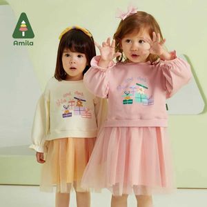 Kledingsets Amila Baby Girl Dress Sets 2023 Spring Nieuwe Casual Sweatshirt Dresses Twee stukken kleding Set 0-6 jaar Princess Cotton ClesL2405