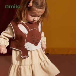 Ensembles de vêtements Amila bébé fille robe deux pièces ensembles printemps mignon lapin dessin animé tricot gilet costume académique décontracté enfants vêtements 231006