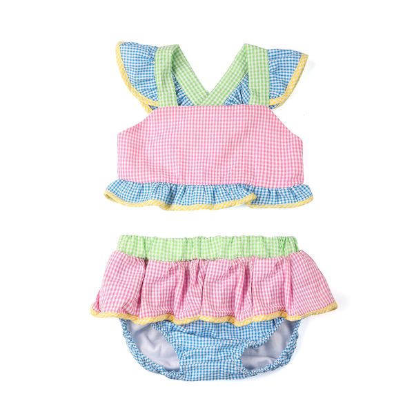 Ensembles de vêtements Arrivée Bébé Fille Maillot De Bain Seersucker Strip Toddle Filles Enfants Bikini Maillots De Bain À Volants Arc Maillot De Bain Ensemble 230630