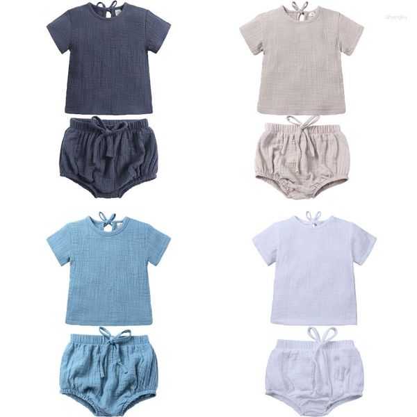 Ensembles de vêtements Arrivées Bébé Garçons Filles Vêtements Coton Linge Ensemble Solide Couleur Pull À Lacets T-shirt Shorts Avec Ceinture Enfants Tenues