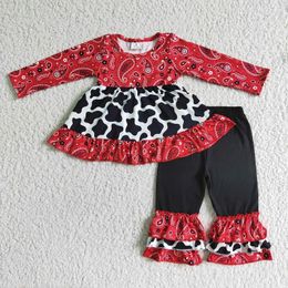 Conjuntos de roupas Chegadas Outono Moda Red Top e Preto Ruffled Calças Terno Bebê Meninas Atacado Boutique Crianças Outfit