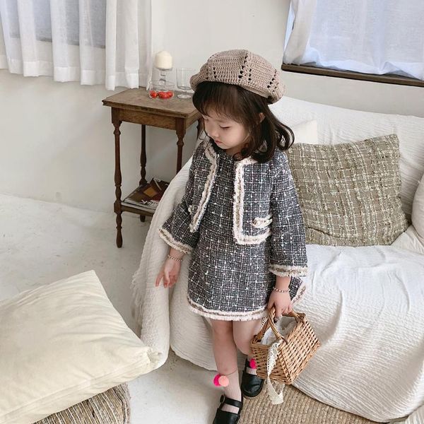 Conjuntos de ropa Otoño e invierno Traje para niñas Moda Gris Manga larga Lana Abrigo corto Chaleco Falda Niña pequeña Vestido de princesa de tres piezas