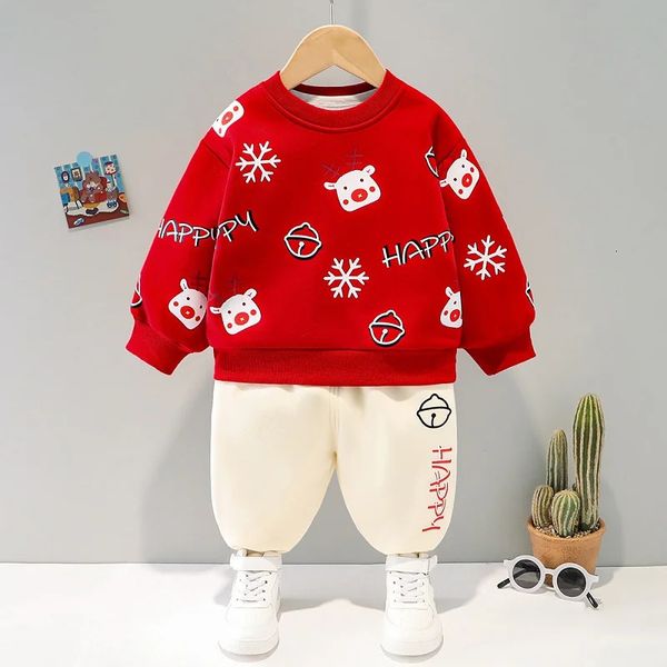 Ensembles de vêtements Automne et hiver Nouveau bébé Noël cerf de neige en peluche à manches longues ensemble pull pour garçons et filles pantalons deux pièces vêtements de sport simples 231019