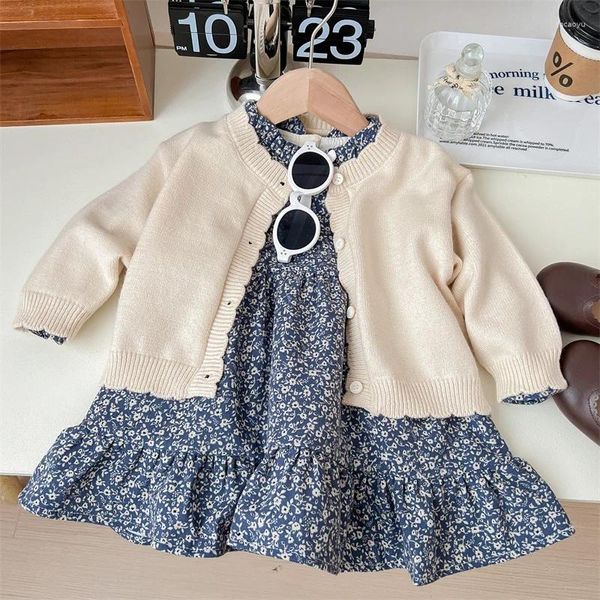 Ensembles de vêtements Automne Arrivée Robe florale Ensemble pour filles Style coréen Élégant et tendance Cardigan tricoté 2 pièces Vêtements pour enfants Fille