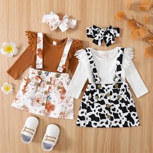 Kleding Sets Herfst Baby Meisjes Kleding Outfits Mooie Kant Ruche Lange mouw Geribbeld Romper Bloemen/Koe Vlekkenprint Bandjes Rokken Hoofdband