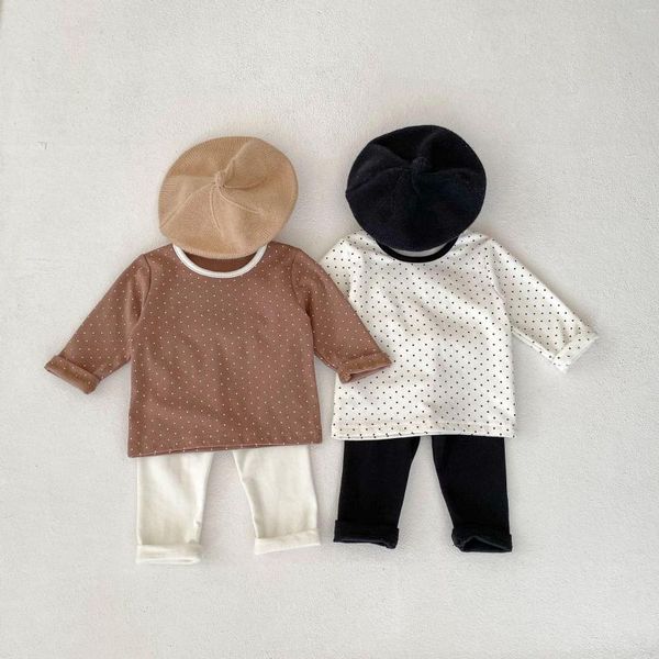 Conjuntos de ropa de otoño para niñas pequeñas, Tops de manga larga de lunares de algodón, pantalones de cintura alta, 2 uds., traje de casa para niños pequeños