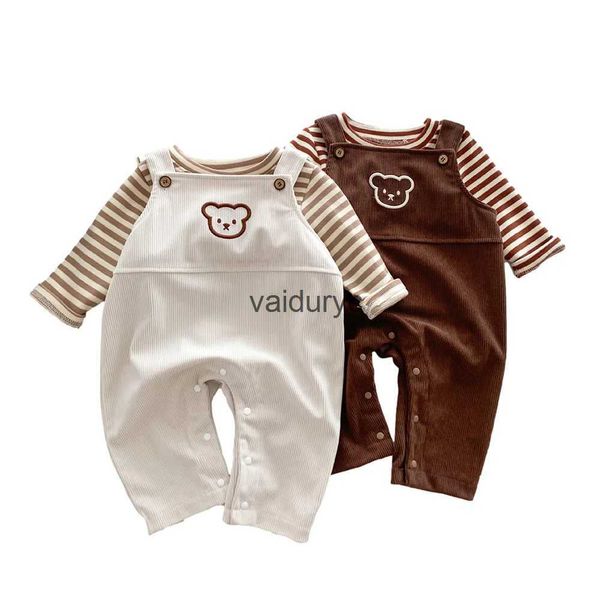 Ensembles de vêtements Automne Bébé T-shirts Romper Costume pour garçons Coton Stripe Pull Corduroy Sling Salopette Cartoon Bear Infant Girls Vêtements Setvaiduryc