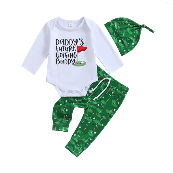 Ensembles de vêtements Automne Né Bébé Garçon Fille Tenue À Manches Longues Barboteuse Imprimé Pantalon Vert Chapeau Vêtements Ensemble