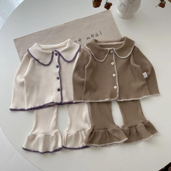 Conjuntos de ropa Otoño niño niña bebé ropa de punto traje niños hoyo rayas camisa de manga larga corte de bota 2 unids niño algodón moda blusas conjunto