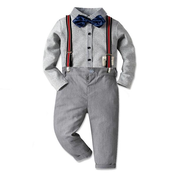 Conjuntos de ropa de otoño para niños, conjunto de estilo universitario, camisa con pajarita de manga larga, pantalones con tirantes, traje de caballero Formal para bebés y niños