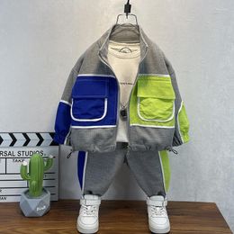 Conjuntos de ropa de otoño para niños, conjunto de manga larga con Bolsillo grande, cárdigan, suéter, pantalones, ropa deportiva sencilla de dos piezas