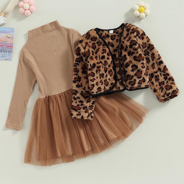 Ensembles de vêtements d'automne pour enfants filles, vêtements assortis, tricot, robe en Tulle à manches longues, veste polaire léopard, ensemble d'extérieur