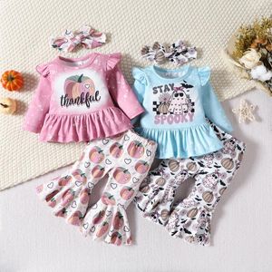 Kledingsets herfst kerstmis baby babymeisje outfits brief afdrukken pompoen santa flare broek hoofdband Halloween -kleding