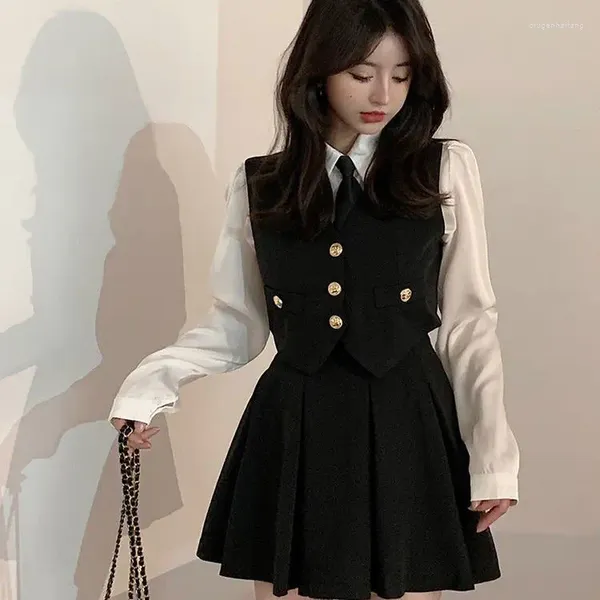 Conjuntos de ropa otoño estilo universitario chaleco camisa conjunto de dos piezas mujeres Corea Jk uniforme falda corta chica elegante escuela