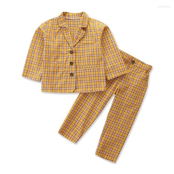 Ensembles de vêtements automne fille ensemble jaune manteau à carreaux pantalons costumes pour enfants vêtements pour enfants