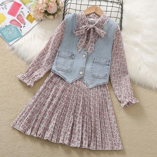 Ensembles de vêtements automne filles vêtements costume 6 8 10 12 14 ans enfants survêtement Gril ensemble robe florale Denim gilet enfants 2 pièces