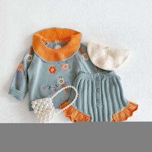 Kledingsets herfst baby babymeisjes kleren pak gebreide geborduurde lotus blad kraag toplace broek 2 stks peuter babymeisjes trui sets 230203