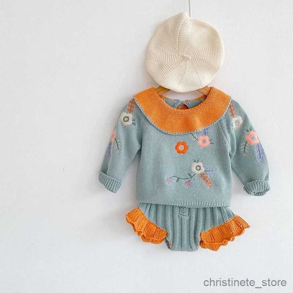 Ensembles de vêtements Automne infantile bébé filles vêtements costume tricoté brodé feuille de lotus col haut + pantalon en dentelle 2 pièces enfant en bas âge bébé filles pull ensembles R231127