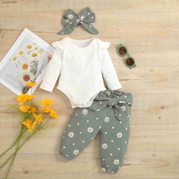 Conjuntos de ropa Otoño Infantil Bebé Niñas Traje Manga larga Acanalado Broche + Pantalones Cinturón + Arco Diadema Ropa de primavera