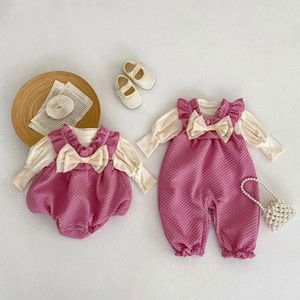 Kledingsets Herfst Baby Grote Boog Overalls Set Meisje Baby Solid Casual Bodysuit Pak Geboren Mode Katoenen Bretels Romper Tops 2 stuks