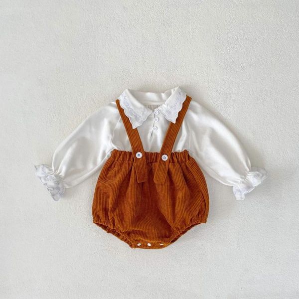 Conjuntos de ropa Conjuntos de ropa de otoño para niños, conjunto de camiseta con cuello de flores y bordado sólido para niña, Tops de algodón para bebé, mono con tirantes de pana, 2 uds.