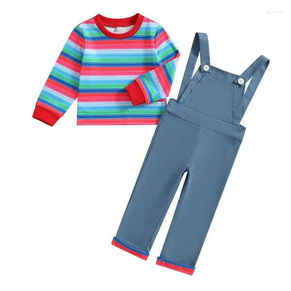 Conjuntos de ropa de otoño para niños, ropa coreana para niños, traje para niña y niño, Tops con estampado a rayas de manga larga, pantalones con tirantes, conjunto de 2 uds.