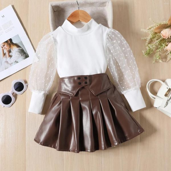 Conjuntos de ropa Otoño Niños Niñas 2 piezas Ropa de moda 1 2 3 4 5 6Y Malla Manga larga Puff Cuello alto Tops PU Cuero Faldas plisadas Trajes