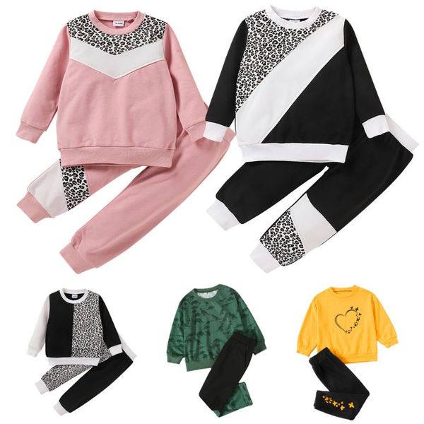 Conjuntos de ropa de otoño de manga larga para bebés, niños y niñas, chándal de dibujos animados de leopardo, conjunto de sudaderas con capucha informales, ropa para niños, suéter, pantalones, traje de 2 uds 1-6