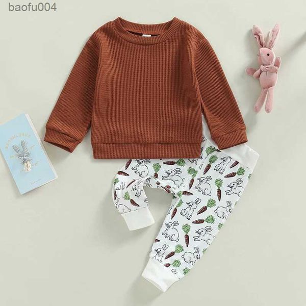 Ensembles de vêtements automne nouveau-né bébé garçons filles vêtements solide à manches longues sweats + lapin carotte imprimer pantalons longs tenues décontractées