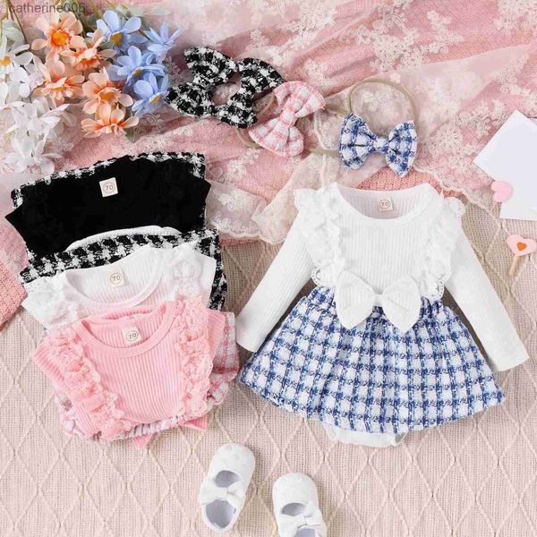 Ensembles de vêtements Automne Nouveau-né Bébé Fille Barboteuses Robe Dentelle Volants Côtelé Tricot Patchwork Combinaisons Vêtements Bodys Avec Bandeau TenuesL231202