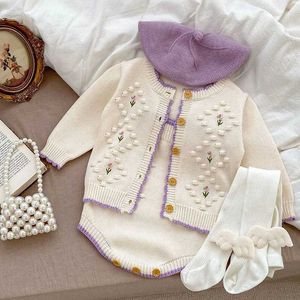 Kledingsets herfst lente baby gebreide kleding set lange mouwen bloem geborduurd vest+jumpsuit pasgeboren babykleding setl2405