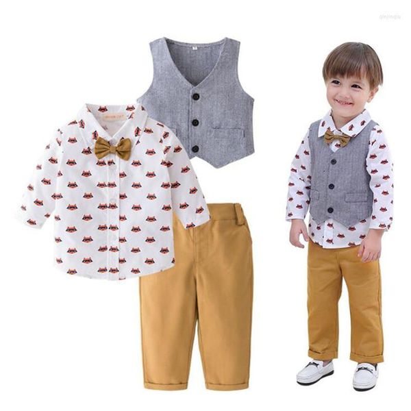 Conjuntos de ropa de otoño para bebés y niños pequeños, traje Formal con pajarita, monos de manga larga, camisa, chaleco superior, pantalones, conjunto de trajes informales de 3 uds.