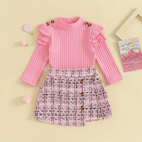 Ensembles de vêtements Automne Enfant Enfants Bébé Filles Vêtements Élégant Solide Côtelé Volants À Manches Longues T-shirts À Carreaux Bouton Mini Jupes Tenues