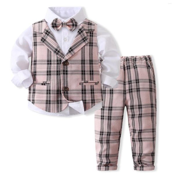 Ensembles de vêtements Boutique de gilet d'automne ensemble pour les garçons enfants pantalon à carreaux roses avec des costumes de chemise blanche classiques costumes d'anniversaire pour enfants