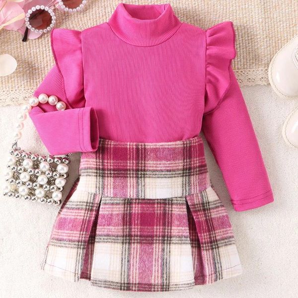 Conjuntos de ropa Otoño/Invierno 1-6Y cuello alto rosa lindo manga larga Top cintura Falda corta a cuadros moda chica hermoso conjunto