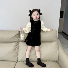 Ensembles de vêtements Automne Hiver 2023 Coréen Petite Fille 2PCS Vêtements Ensemble Coton Pull À Volants Pulls Costume Rétro Boucle Robe Bébé Tenue