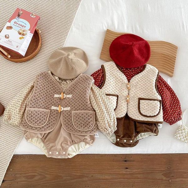 Ensembles de vêtements Automne Hiver Bébé Fille 2PCS Body Coton Rembourré Dot Épaissir Barboteuse Poilu Poche Gilet Costume Infantile Filles Snowwears