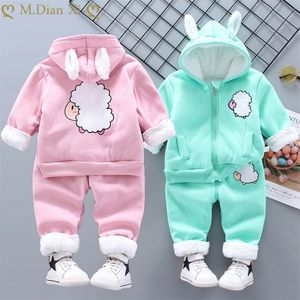 Kledingsets herfst winter baby pak jongen plus fluweel dik warm 2-delige set meisje schattige cartoon lam casual capuchon kleren 220916