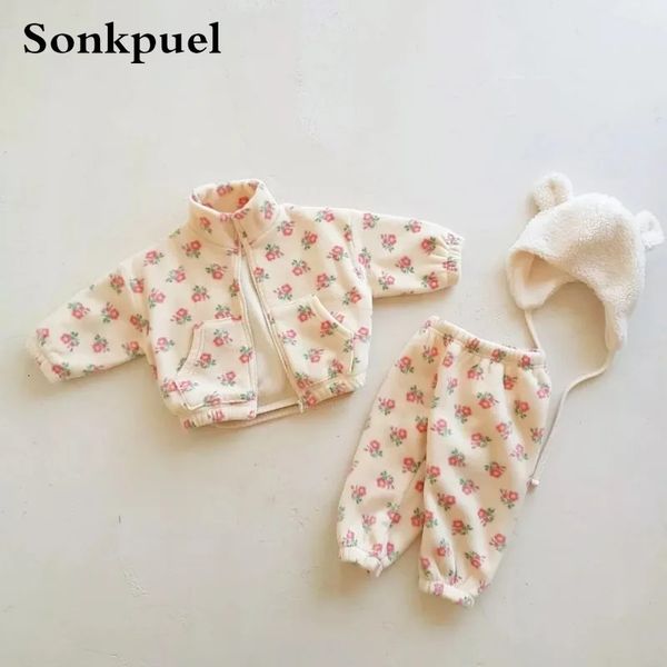 Conjuntos de ropa Otoño Invierno Niño Niña Bebé Cuello alto Floral Camisas de lana Conjunto Niños Sólido Plus Terciopelo Grueso Cálido Algodón Tops Pantalones 2pcs 231207